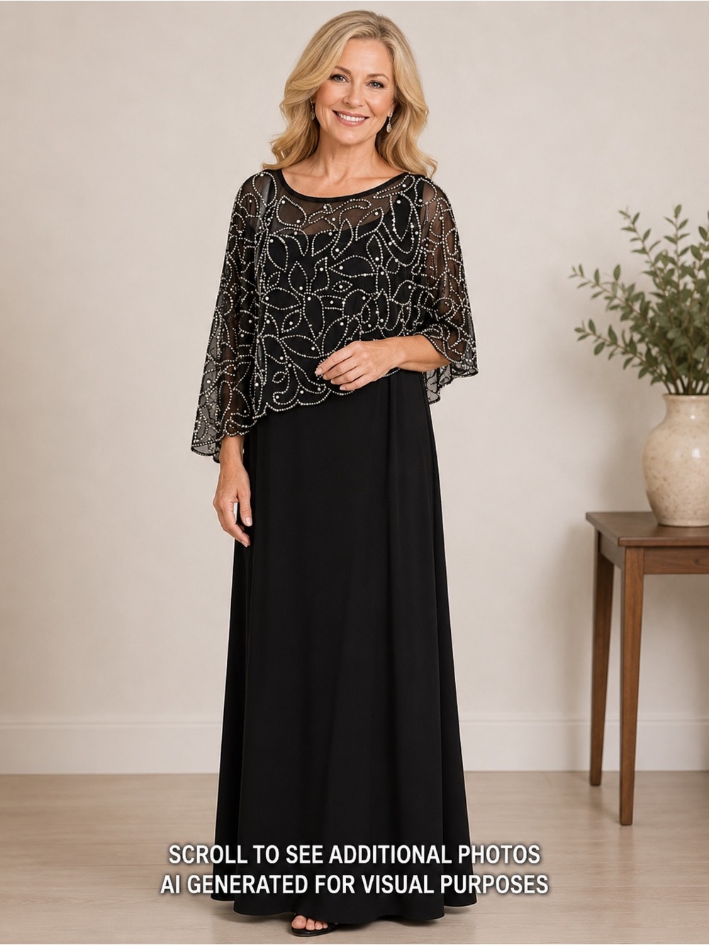 MSK Maxi Gown Size L Black with Beaded Sheer Cape
